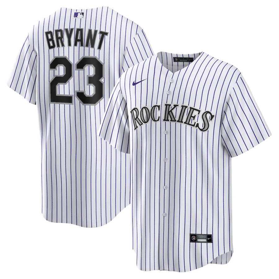 Men Colorado Rockies 23 Kris Bryant Nike White Purple Replica Player MLB Jersey